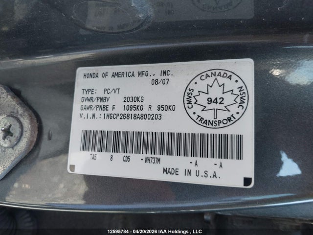 12595784 :رقم المزاد ، 1HGCP26818A800203 vin ، 2008 Honda Accord Ex-l مزاد بيع