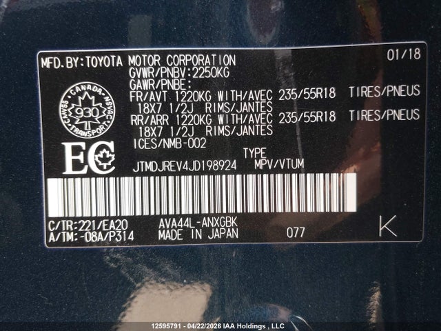 12595791 :رقم المزاد ، JTMDJREV4JD198924 vin ، 2018 Toyota Rav4 Hv Limited مزاد بيع