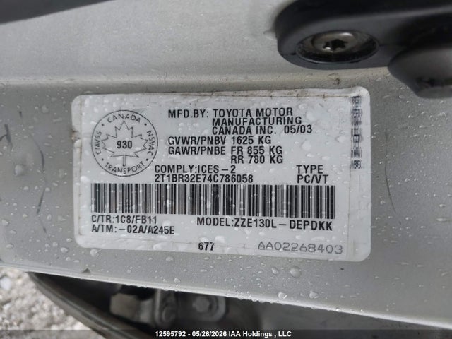 Продаж на аукціоні авто 2004 Toyota Corolla Ce/le/s, vin: 2T1BR32E74C786058, номер лоту: 12595792