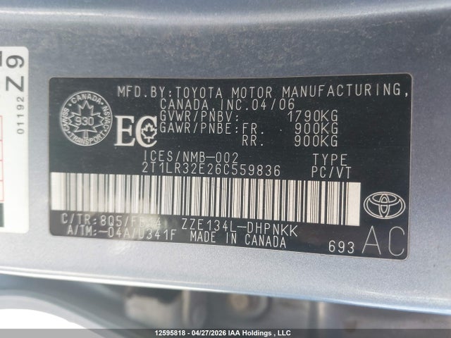 2006 Toyota Corolla Matrix Xr მანქანა იყიდება აუქციონზე, vin: 2T1LR32E26C559836, აუქციონის ნომერი: 12595818