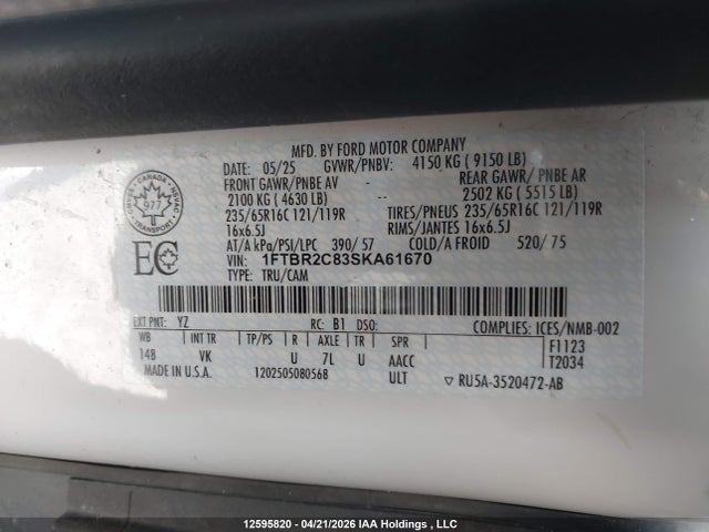 Aukcja sprzedaży 2025 Ford Transit T-250, vin: 1FTBR2C83SKA61670, numer aukcji: 12595820