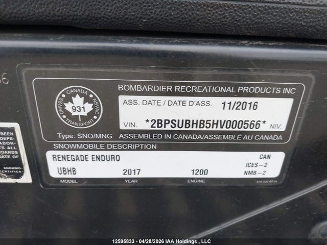 Продаж на аукціоні авто 2017 Skidoo , vin: 2BPSUBHB5HV000566, номер лоту: 12595833