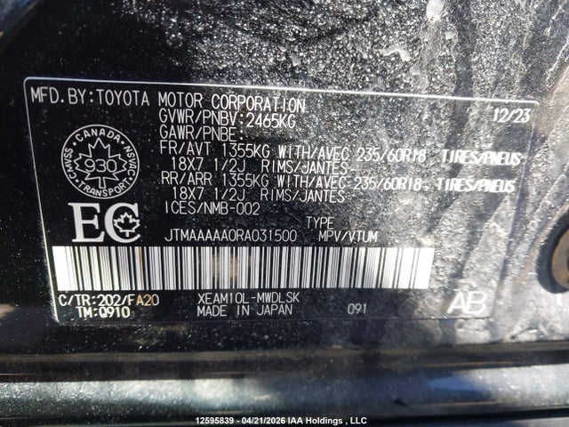 Aukcja sprzedaży 2024 Toyota Bz4x, vin: JTMAAAAA0RA031500, numer aukcji: 12595839