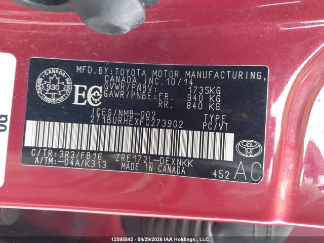 12595842 :رقم المزاد ، 2T1BURHEXFC273902 vin ، 2015 Toyota Corolla L/le/le Pls/prm/s/s Pls مزاد بيع