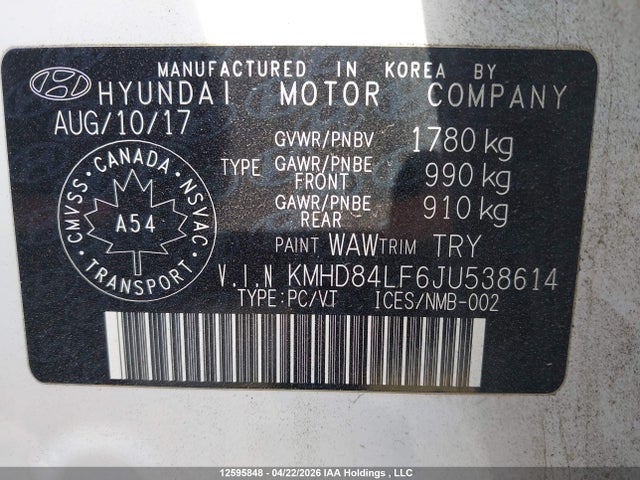 KMHD84LF6JU538614 Hyundai Elantra Gl Se