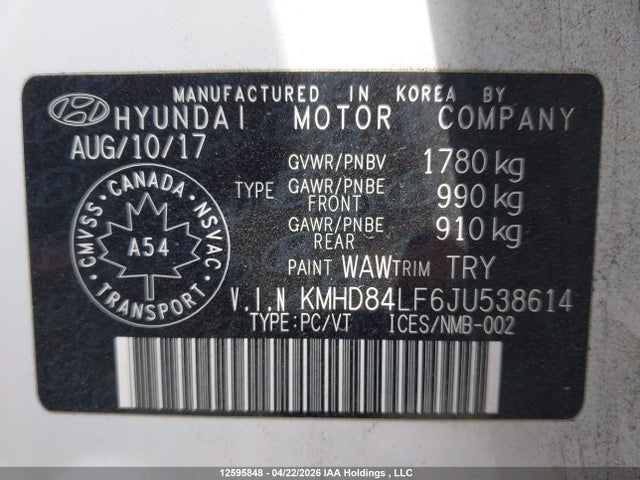KMHD84LF6JU538614 Hyundai Elantra Gl Se