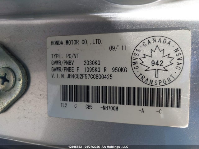 Aukcja sprzedaży 2012 Acura Tsx, vin: JH4CU2F57CC800425, numer aukcji: 12595852