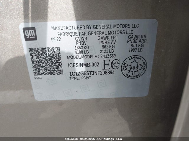 Продажа на аукционе авто 2022 Chevrolet Malibu Rs, vin: 1G1ZG5ST3NF208894, номер лота: 12595858
