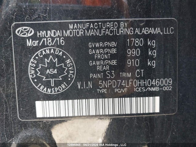 Продаж на аукціоні авто 2017 Hyundai Elantra, vin: 5NPD74LF0HH046009, номер лоту: 12595865