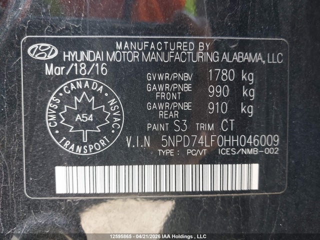 Продаж на аукціоні авто 2017 Hyundai Elantra, vin: 5NPD74LF0HH046009, номер лоту: 12595865