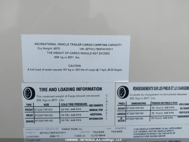 2015 Coachmen 345bhs მანქანა იყიდება აუქციონზე, vin: 5ZT3CLTB3FA310311, აუქციონის ნომერი: 12595866