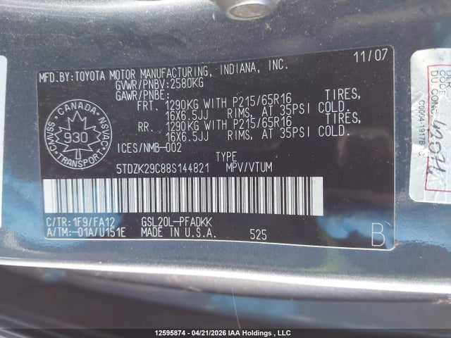 2008 Toyota Sienna Ce მანქანა იყიდება აუქციონზე, vin: 5TDZK29C88S144821, აუქციონის ნომერი: 12595874