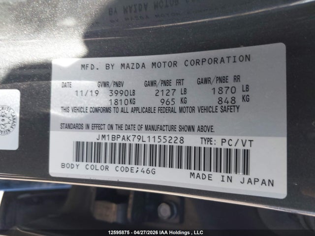 Продажа на аукционе авто 2020 Mazda Mazda3, vin: JM1BPAK79L1155228, номер лота: 12595875