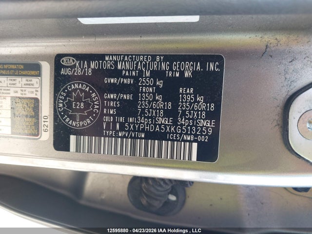 5XYPHDA5XKG513259 KIA Sorento Ex/ex Sport