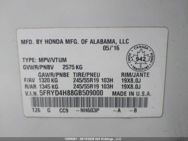 2016 Acura Mdx Elite მანქანა იყიდება აუქციონზე, vin: 5FRYD4H88GB509000, აუქციონის ნომერი: 12595881