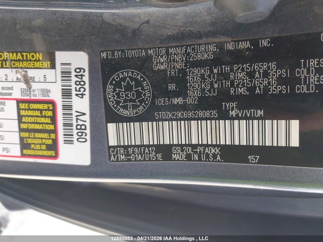 2009 Toyota Sienna Ce მანქანა იყიდება აუქციონზე, vin: 5TDZK29C69S280835, აუქციონის ნომერი: 12595883