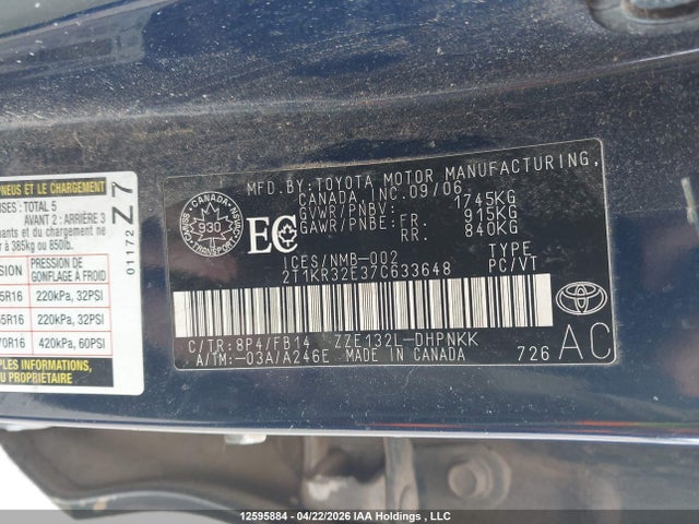 2007 Toyota Matrix Xr მანქანა იყიდება აუქციონზე, vin: 2T1KR32E37C633648, აუქციონის ნომერი: 12595884