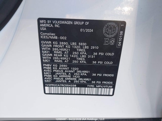 Продажа на аукционе авто 2024 Volkswagen Atlas Sel Premium R-line, vin: 1V2FR2CA7RC554338, номер лота: 12595897
