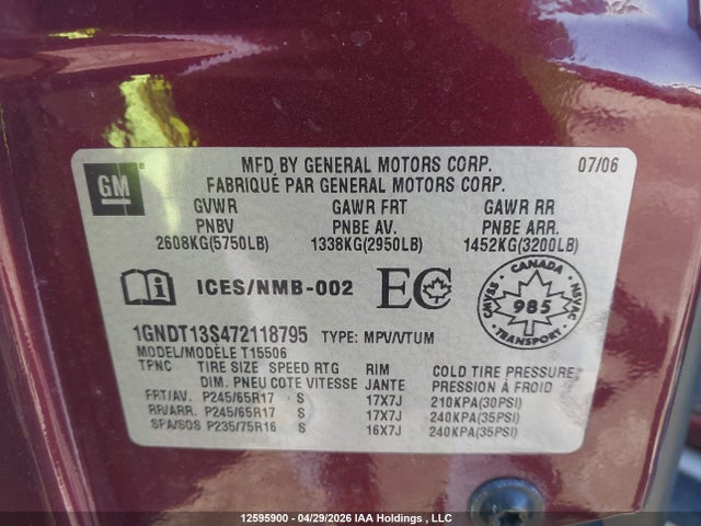 12595900 :رقم المزاد ، 1GNDT13S472118795 vin ، 2007 Chevrolet Trailblazer Ls/lt مزاد بيع