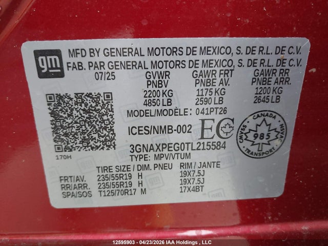2026 Chevrolet Equinox Lt მანქანა იყიდება აუქციონზე, vin: 3GNAXPEG0TL215584, აუქციონის ნომერი: 12595903