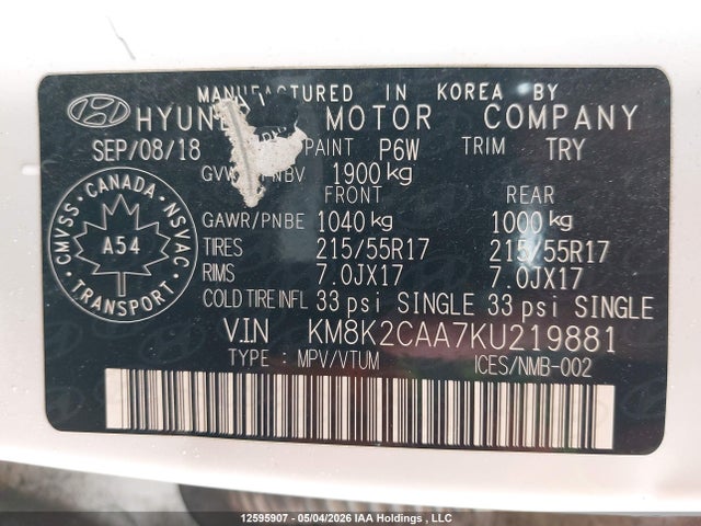 12595907 :رقم المزاد ، KM8K2CAA7KU219881 vin ، 2019 Hyundai Kona Sel مزاد بيع