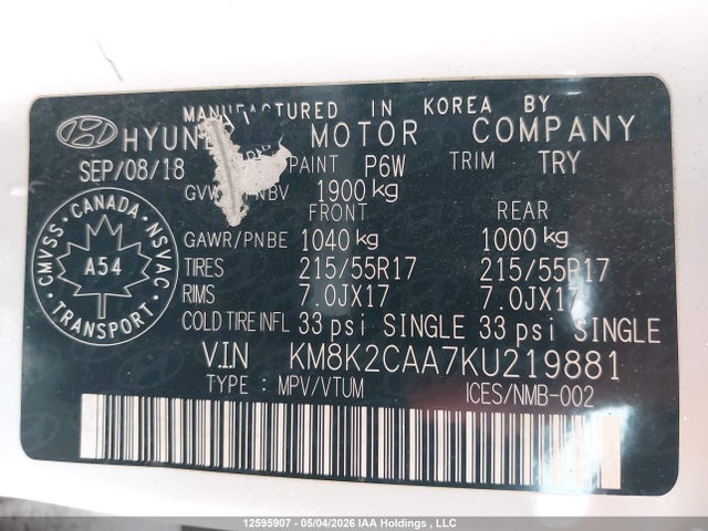 12595907 :رقم المزاد ، KM8K2CAA7KU219881 vin ، 2019 Hyundai Kona Sel مزاد بيع