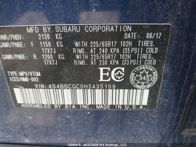 4S4BSCGC0H3435109 Subaru Outback 2.5i Premium