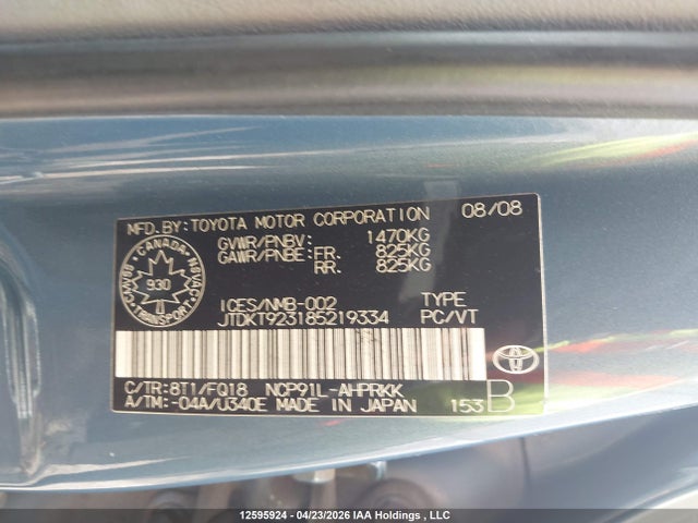 12595924 :رقم المزاد ، JTDKT923185219334 vin ، 2008 Toyota Yaris مزاد بيع