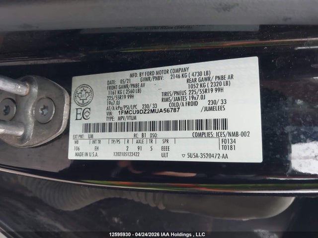 12595930 :رقم المزاد ، 1FMCU9DZ2MUA56787 vin ، 2021 Ford Escape Titanium Hybrid مزاد بيع