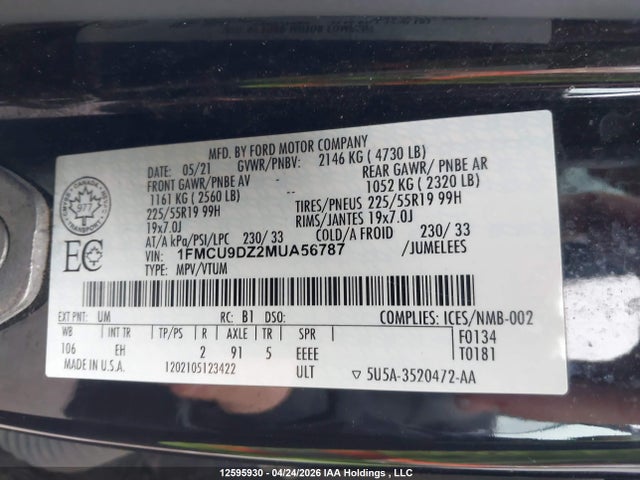 12595930 :رقم المزاد ، 1FMCU9DZ2MUA56787 vin ، 2021 Ford Escape Titanium Hybrid مزاد بيع