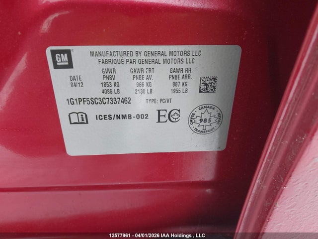 Aukcja sprzedaży 2012 Chevrolet Cruze Lt Turbo, vin: 1G1PF5SC3C7337462, numer aukcji: 12577961