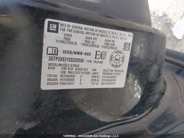 Aukcja sprzedaży 2012 Gmc Sierra 1500, vin: 3GTP2XE21CG302506, numer aukcji: 12595942
