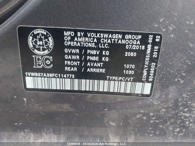 12580645 :رقم المزاد ، 1VWBS7A38FC114773 vin ، 2015 Volkswagen Passat 1.8 Tsi Comfortline مزاد بيع