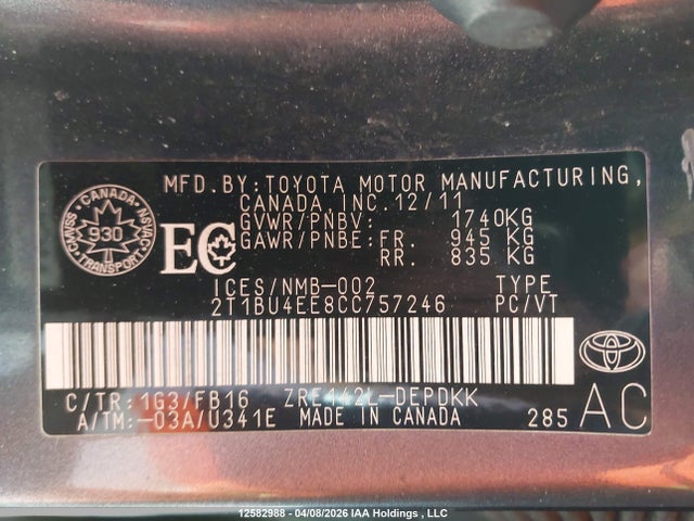 2012 Toyota Corolla Ce მანქანა იყიდება აუქციონზე, vin: 2T1BU4EE8CC757246, აუქციონის ნომერი: 12582988