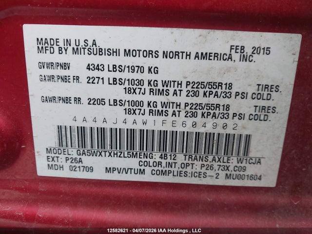 Продажа на аукционе авто 2015 Mitsubishi Rvr Gt, vin: 4A4AJ4AW1FE604902, номер лота: 12582621