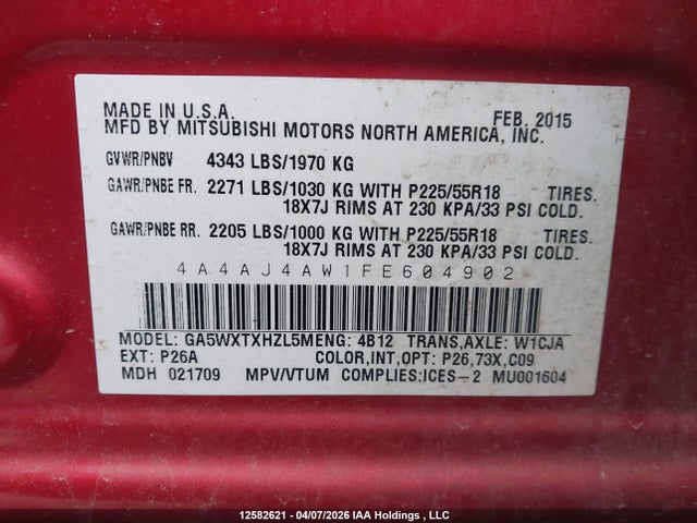Продажа на аукционе авто 2015 Mitsubishi Rvr Gt, vin: 4A4AJ4AW1FE604902, номер лота: 12582621