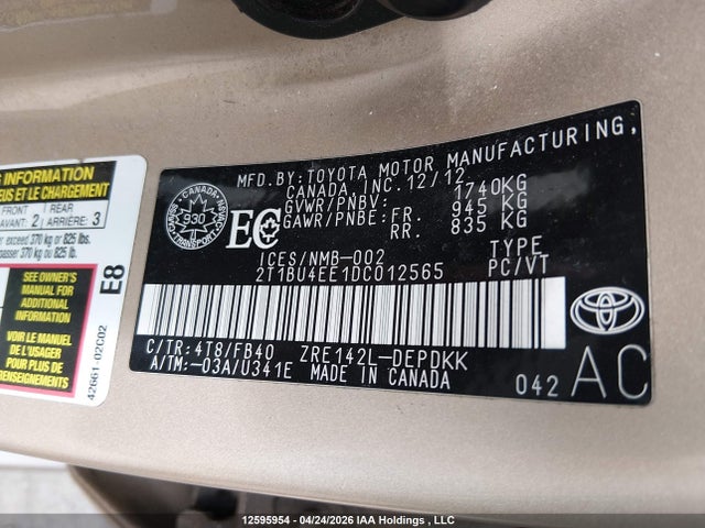 2013 Toyota Corolla Ce მანქანა იყიდება აუქციონზე, vin: 2T1BU4EE1DC012565, აუქციონის ნომერი: 12595954