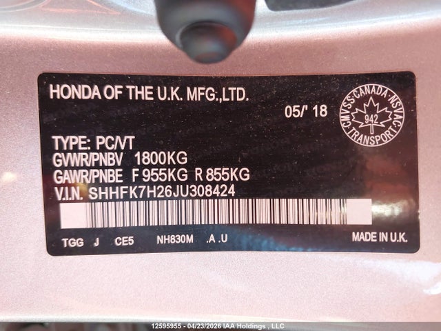 SHHFK7H26JU308424 Honda Civic Lx