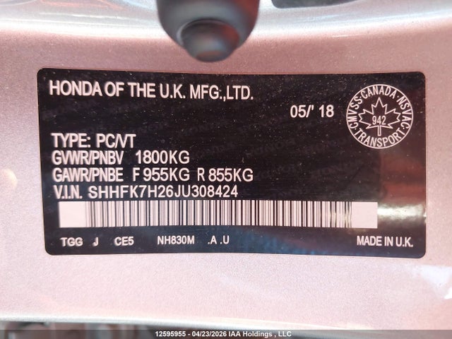 SHHFK7H26JU308424 Honda Civic Lx