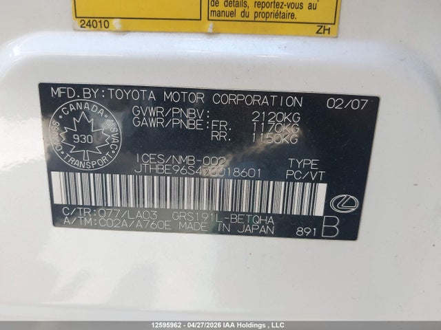 12595962 :رقم المزاد ، JTHBE96S470018601 vin ، 2007 Lexus Gs 350 350 مزاد بيع