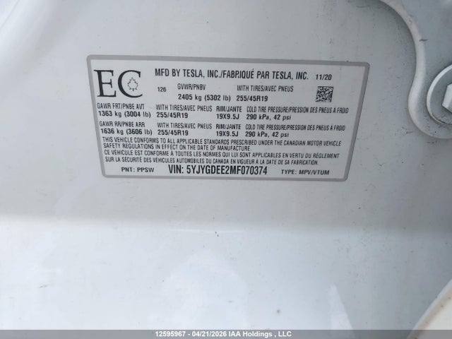 5YJYGDEE2MF070374 Tesla Model Y
