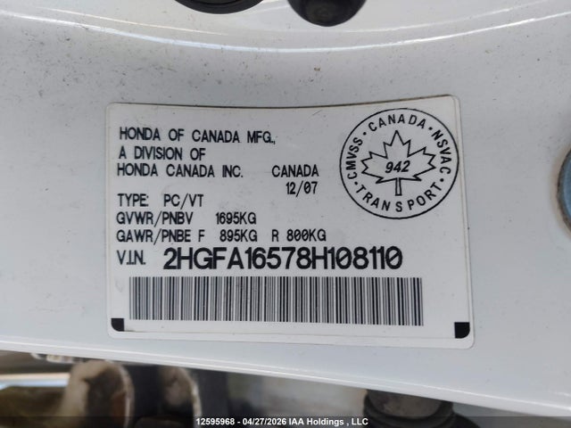 Продаж на аукціоні авто 2008 Honda Civic, vin: 2HGFA16578H108110, номер лоту: 12595968