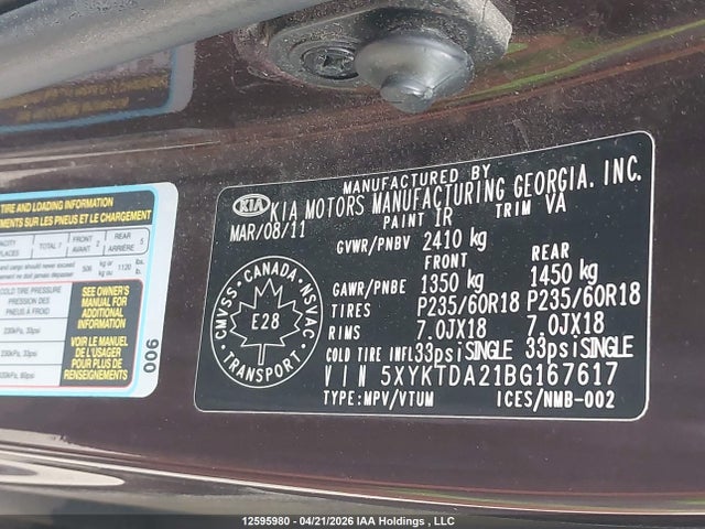 2011 Kia Sorento Lx მანქანა იყიდება აუქციონზე, vin: 5XYKTDA21BG167617, აუქციონის ნომერი: 12595980