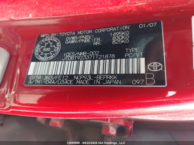 2007 Toyota Yaris მანქანა იყიდება აუქციონზე, vin: JTDBT923371121878, აუქციონის ნომერი: 12595989