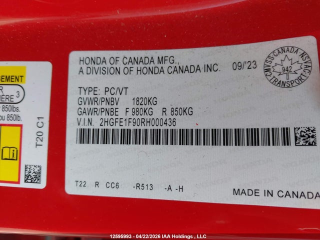 12595993 :رقم المزاد ، 2HGFE1F90RH000436 vin ، 2024 Honda Civic Touring مزاد بيع