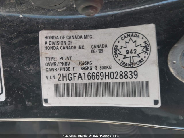 Aukcja sprzedaży 2009 Honda Civic Sport, vin: 2HGFA16669H028839, numer aukcji: 12596004