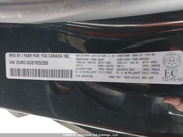 Продажа на аукционе авто 2026 Chrysler Pacifica Limited, vin: 2C4RC1GG8TR252256, номер лота: 12596016