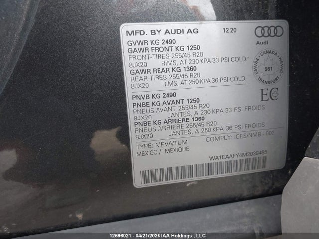 Aukcja sprzedaży 2021 Audi Q5 45 Progressiv, vin: WA1EAAFY4M2038485, numer aukcji: 12596021