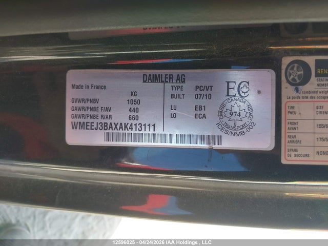12596025 :رقم المزاد ، WMEEJ3BAXAK413111 vin ، 2010 Smart Fortwo Pure/passion مزاد بيع