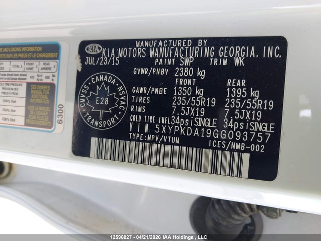 Aukcja sprzedaży 2016 Kia Sorento 2.0l Sx, vin: 5XYPKDA19GG093757, numer aukcji: 12596027